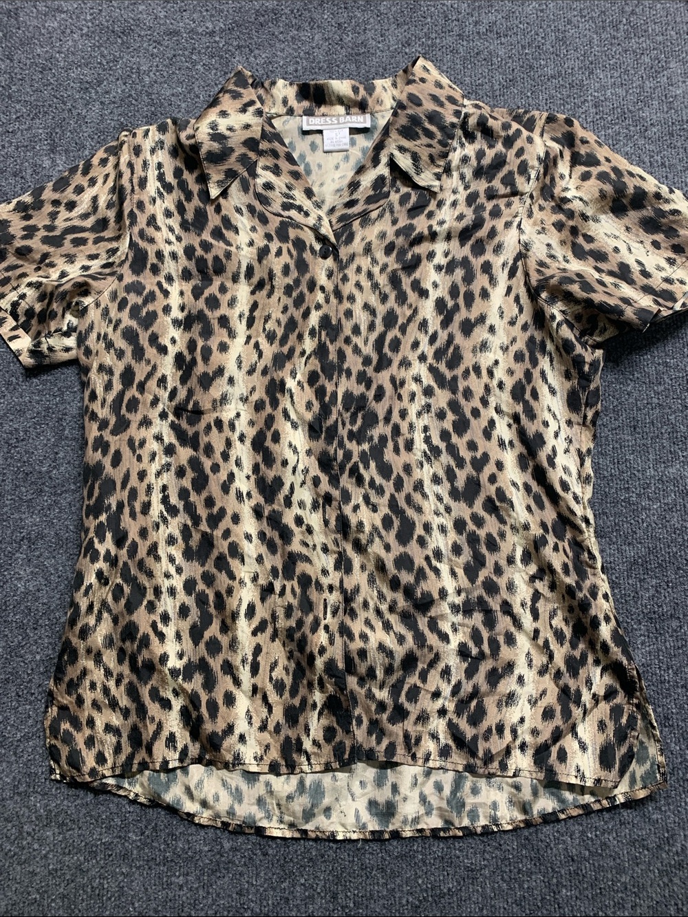 dressbarn Leopard Print Silky Short Sleeve Blouse in Brown and Black